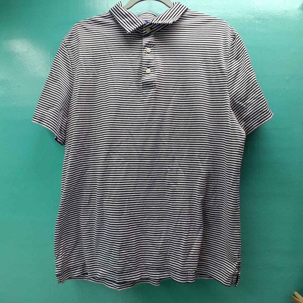 Jos. A. Bank Traveler Polo Shirt Large Navy White Striped Preppy Nautical